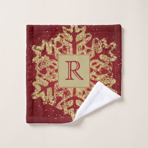 Christmas Monogram Glitter Snowflake Red Gold Bath Towel Set