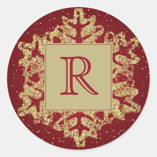 Christmas Monogram Glitter Snowflake Red Gold Classic Round Sticker