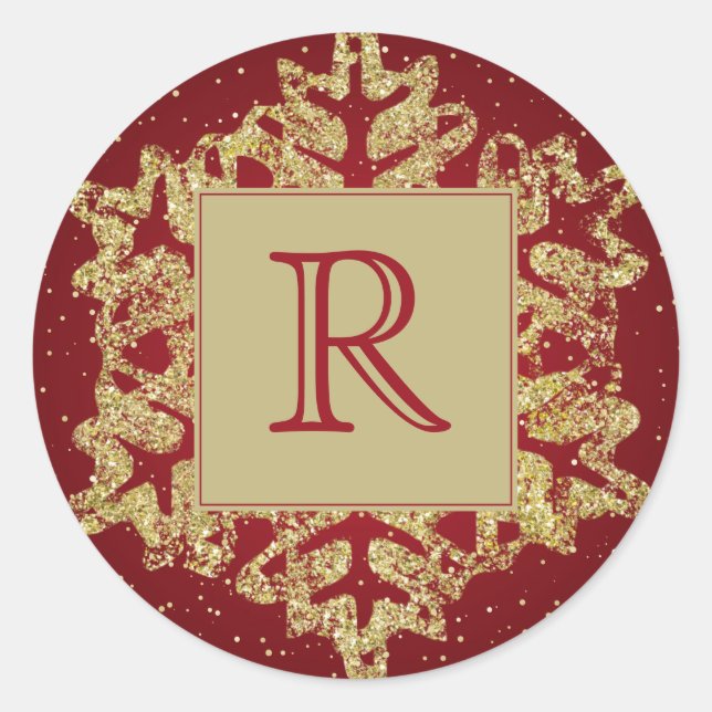 Christmas Monogram Glitter Snowflake Red Gold Classic Round Sticker (Front)
