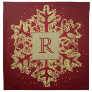 Christmas Monogram Glitter Snowflake Red Gold Cloth Napkin