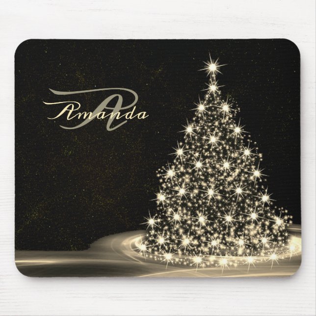 Christmas Monogram Golden Shiny Tree Winter Black Mouse Pad (Front)