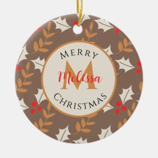 Christmas Monogram Gray-Brown Berries & Leaves