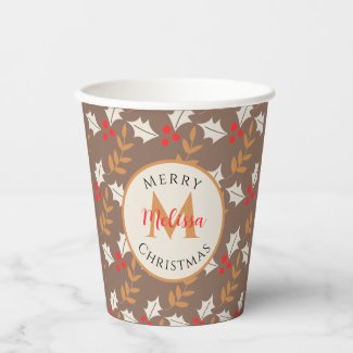 Christmas Monogram Gray-Brown Berries & Leaves