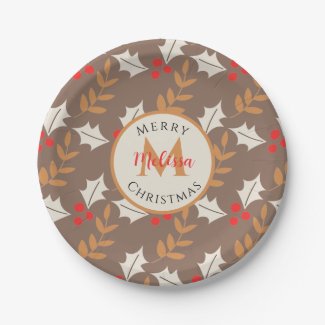 Christmas Monogram Gray-Brown Berries & Leaves