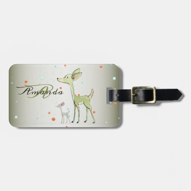 Christmas Monogram Green Deers Holidays Cute Luggage Tag (Front Horizontal)