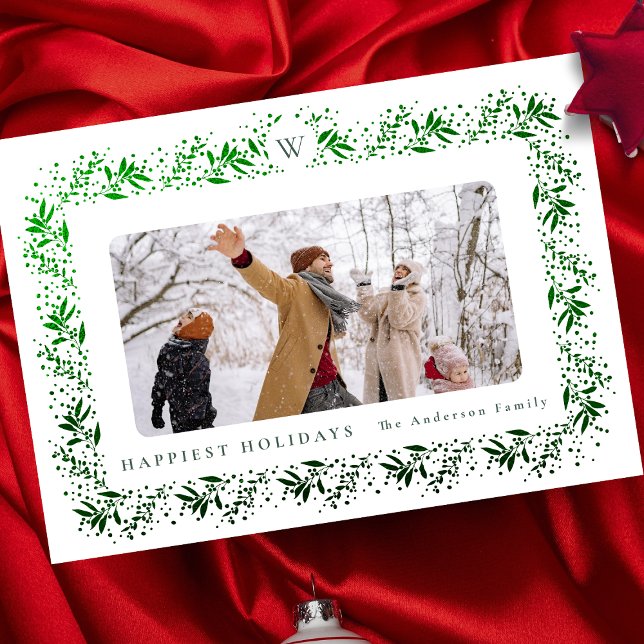 CHRISTMAS monogram Green Foil Botanicals Frame Holiday Card (Creator Uploaded)