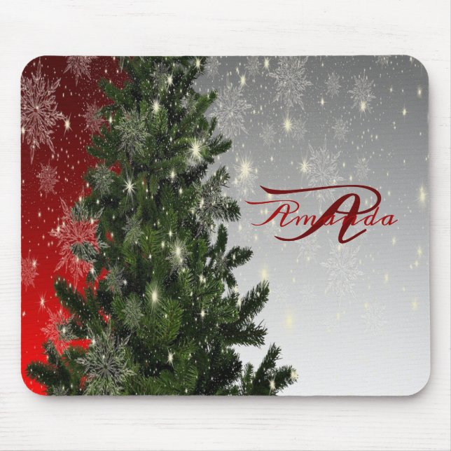 Christmas monogram Green Tree Red Silver Snowflake Mouse Pad (Front)