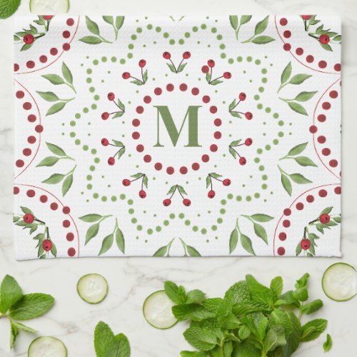 Christmas Monogram Greenery Foliage Holly Berries  Kitchen Towel