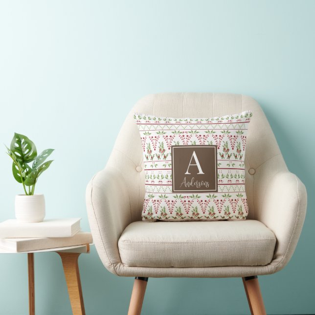 Christmas Monogram Holiday Pinecones Holly Berries Throw Pillow (Chair)