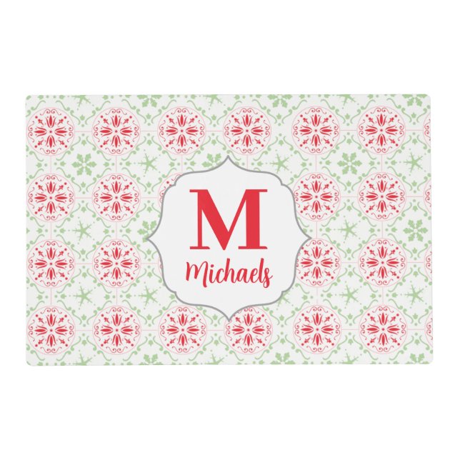 Christmas Monogram Holiday Red Green Pattern  Placemat (Front)