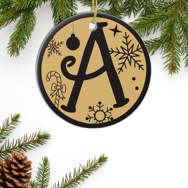 Christmas Monogram Letter A Black Gold Ceramic Ornament (Creator Uploaded)