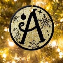 Christmas Monogram Letter A Black Gold Glitter