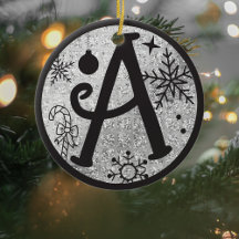 Christmas Monogram Letter A Black Silver Glitter