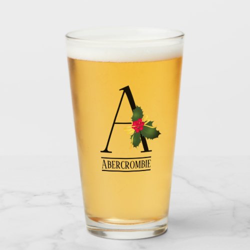 Christmas Monogram Letter A Personalized Beer Glass