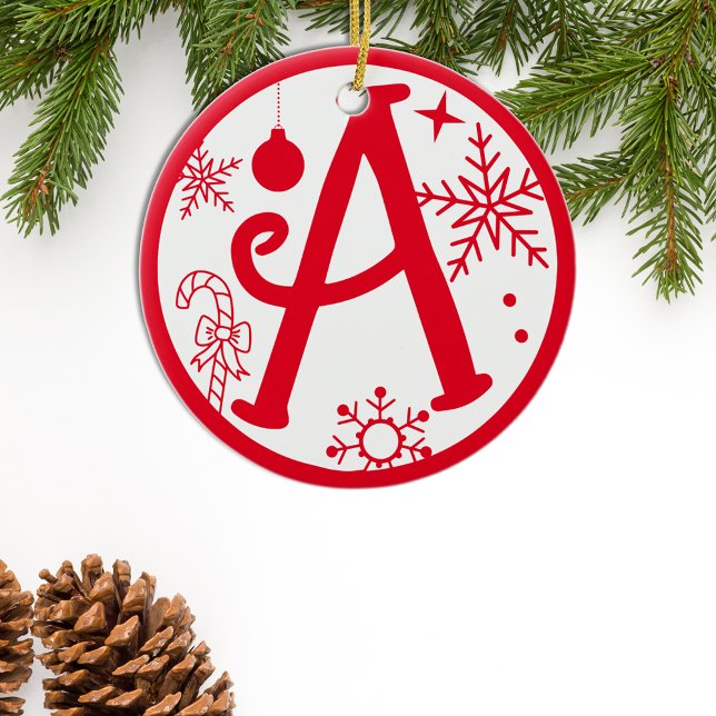 Christmas Monogram Letter A Red White Ceramic Ornament (Creator Uploaded)