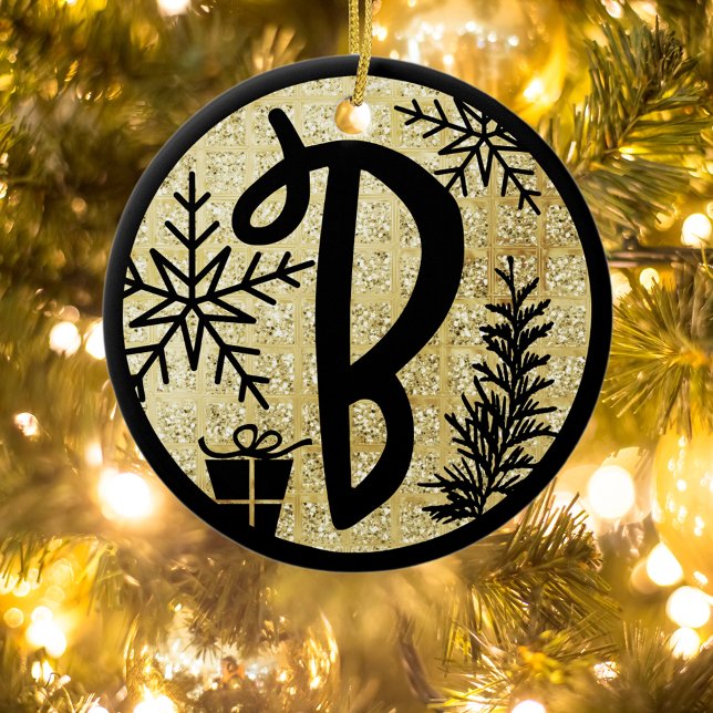 Christmas Monogram Letter B Black Gold Glitter Ceramic Ornament (Creator Uploaded)