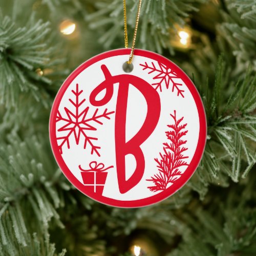 Christmas Monogram Letter B Red White Ceramic Ornament