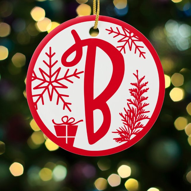 Christmas Monogram Letter B Red White Ceramic Ornament (Creator Uploaded)