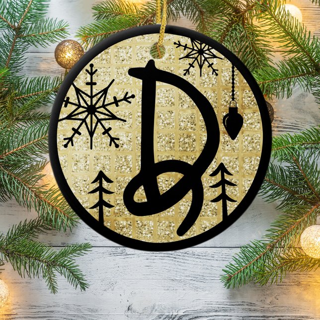 Christmas Monogram Letter D Black Gold Glitter Ceramic Ornament (Creator Uploaded)