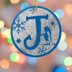 Christmas Monogram Letter J Blue Silver Glitter Ceramic Ornament