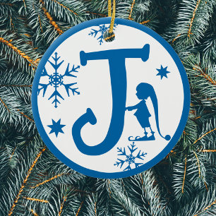 Christmas Monogram Letter J Blue White Ceramic Ornament