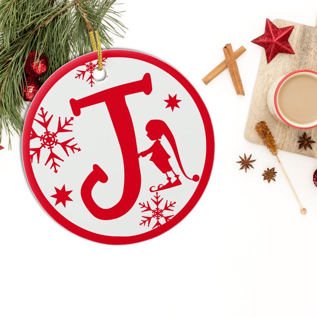 Christmas Monogram Letter J Red White Ceramic Ornament (Creator Uploaded)