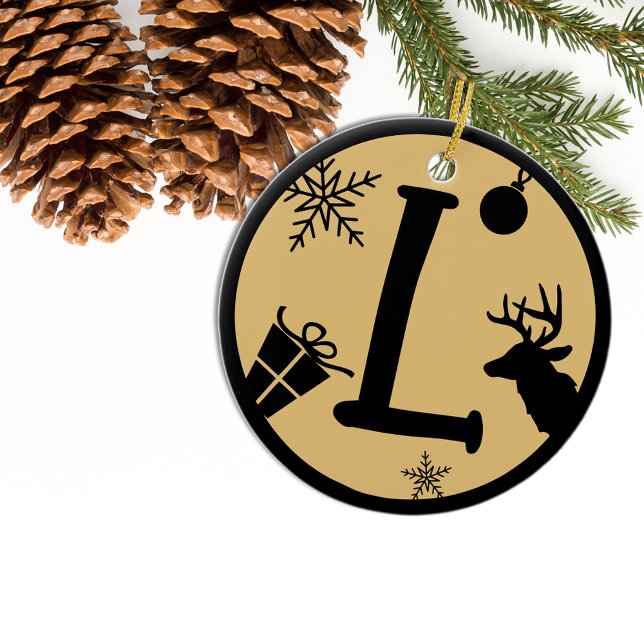 Christmas Monogram Letter L Black Gold Ceramic Ornament (Creator Uploaded)