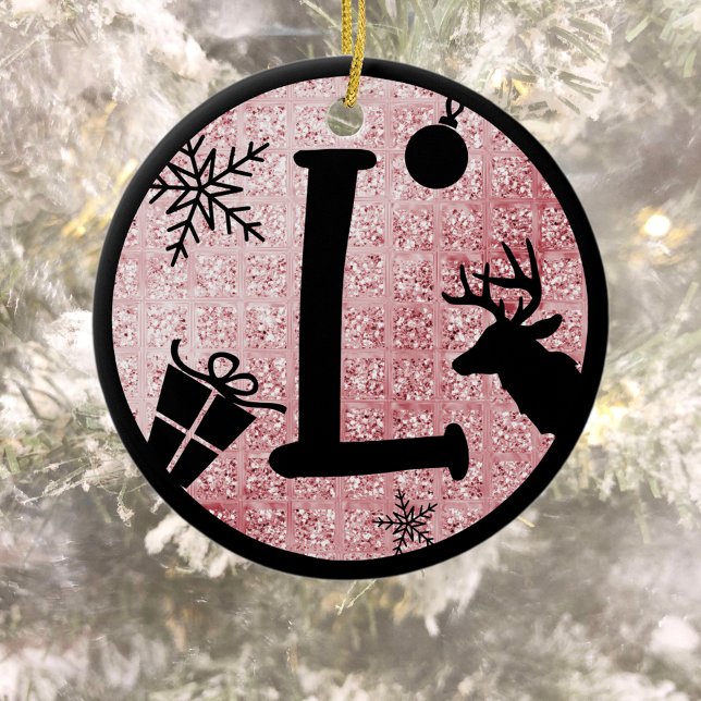 Christmas Monogram Letter L Black Pink Glitter Ceramic Ornament (Creator Uploaded)