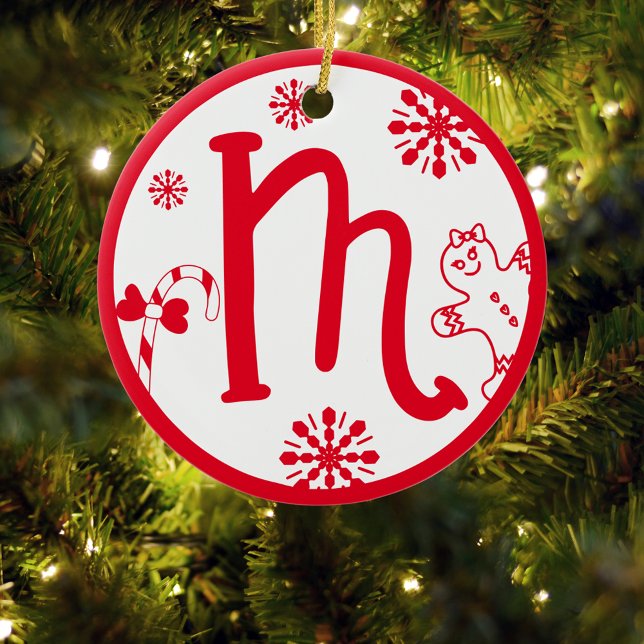 Christmas Monogram Letter M Red White Ceramic Ornament (Creator Uploaded)