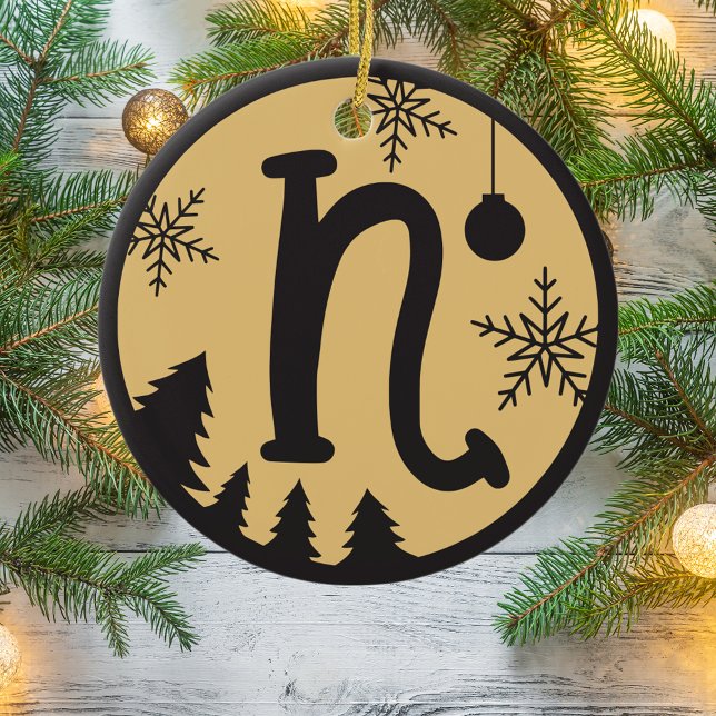 Christmas Monogram Letter N Black Gold Ceramic Ornament (Creator Uploaded)