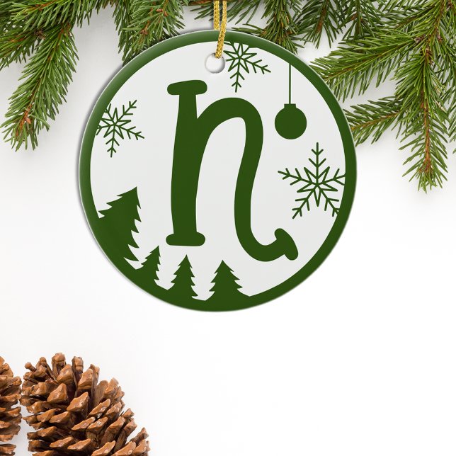 Christmas Monogram Letter N Green White Ceramic Ornament (Creator Uploaded)