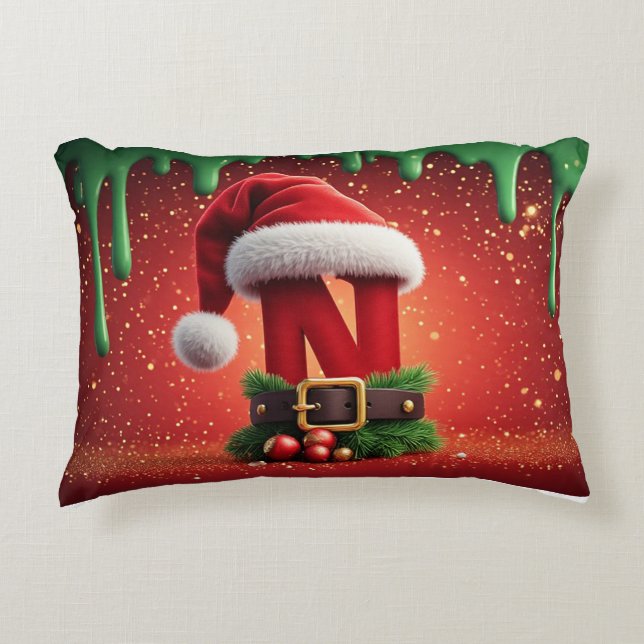 Christmas Monogram Letter N with Santa Hat  Accent Pillow (Front)
