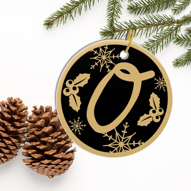 Christmas Monogram Letter O Gold Black Ceramic Ornament (Creator Uploaded)