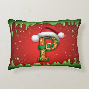 Christmas Monogram Letter P with Santa Hat Accent Pillow
