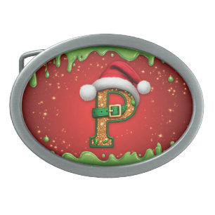 Christmas Monogram Letter P with Santa Hat Belt Buckle