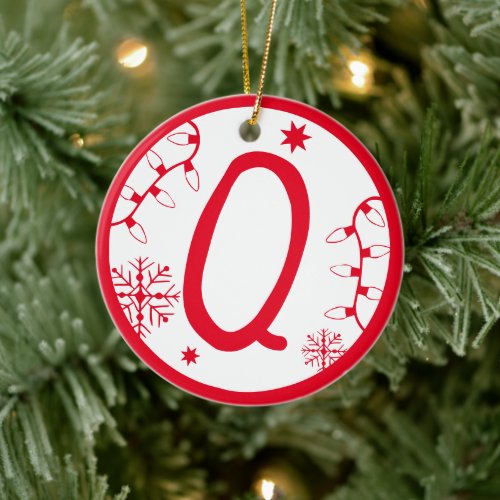 Christmas Monogram Letter Q Red White Ceramic Ornament