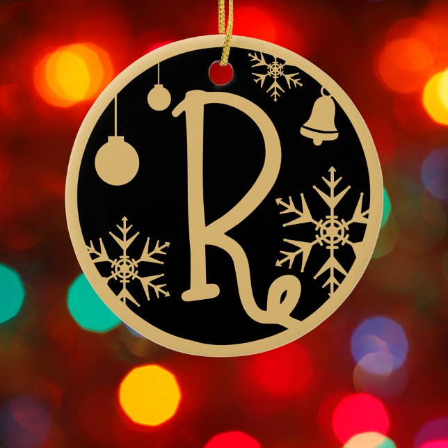 Christmas Monogram Letter R Gold Black Ceramic Ornament (Creator Uploaded)