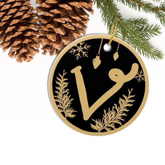 Christmas Monogram Letter V Gold Black Ceramic Ornament (Creator Uploaded)