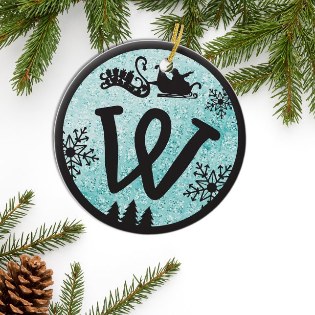 Christmas Monogram Letter W Black Blue Glitter Ceramic Ornament (Creator Uploaded)