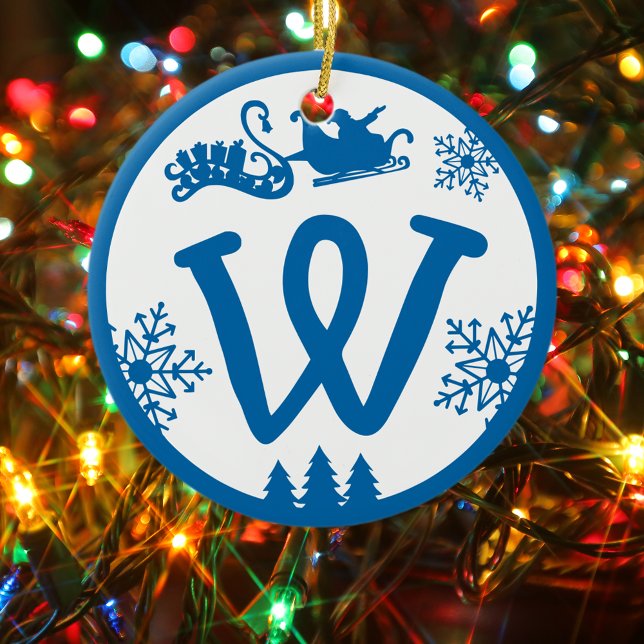 Christmas Monogram Letter W Blue White Ceramic Ornament (Creator Uploaded)