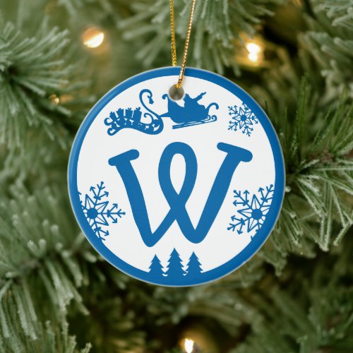 Christmas Monogram Letter W Blue White Ceramic Ornament