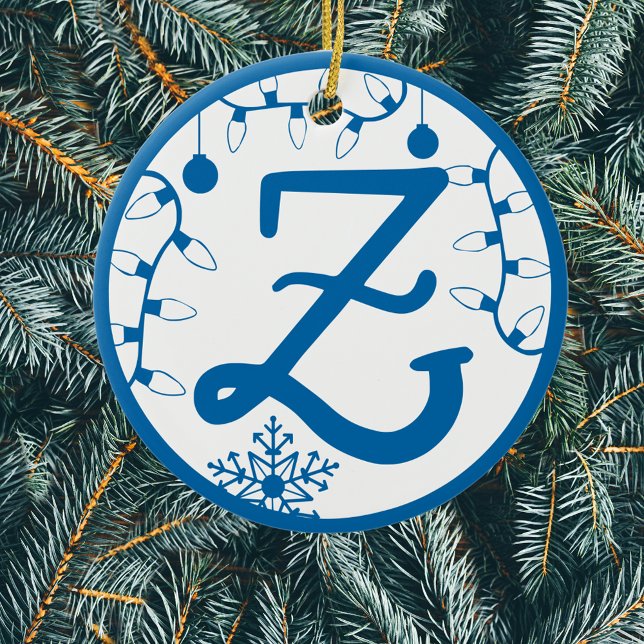 Christmas Monogram Letter Z Blue White Ceramic Ornament (Creator Uploaded)