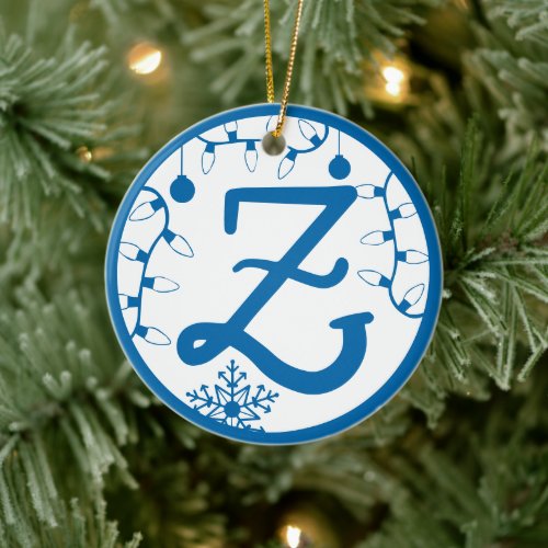 Christmas Monogram Letter Z Blue White Ceramic Ornament