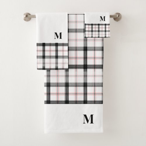 Christmas monogram Modern White Red Plaid Bath Towel Set