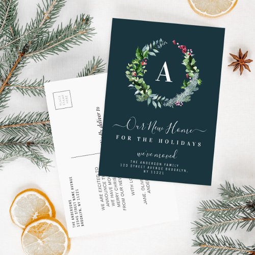 christmas monogram moving announcement postcard