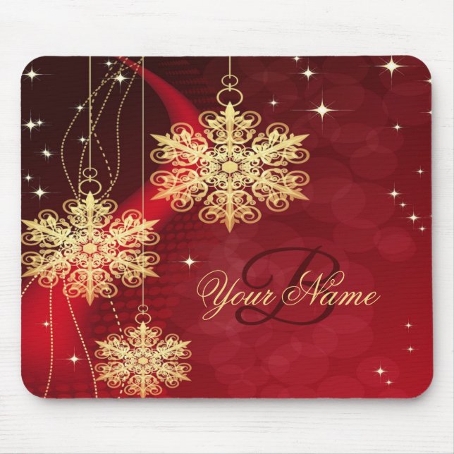 Christmas Monogram Name Red Golden Snowflakes Gift Mouse Pad (Front)