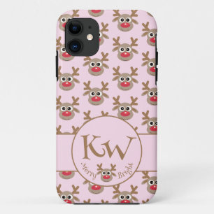 Christmas Monogram Pink Cute Reindeer Pattern iPhone 11 Case