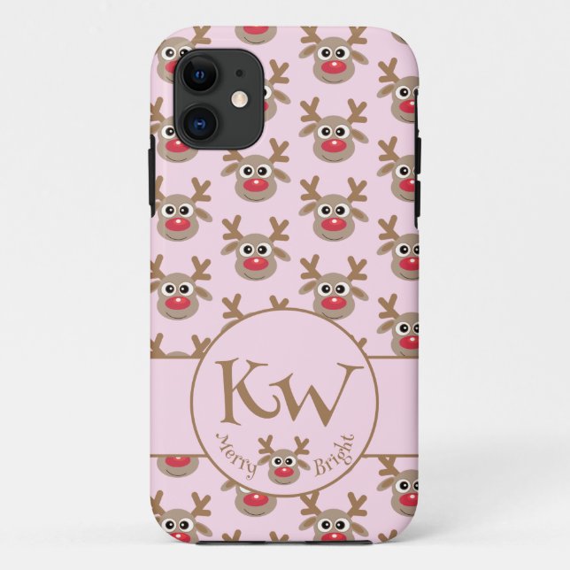 Christmas Monogram Pink Cute Reindeer Pattern Case-Mate iPhone Case (Back)
