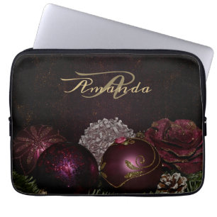 Christmas Monogram Pink Ornament Green Black Laptop Sleeve