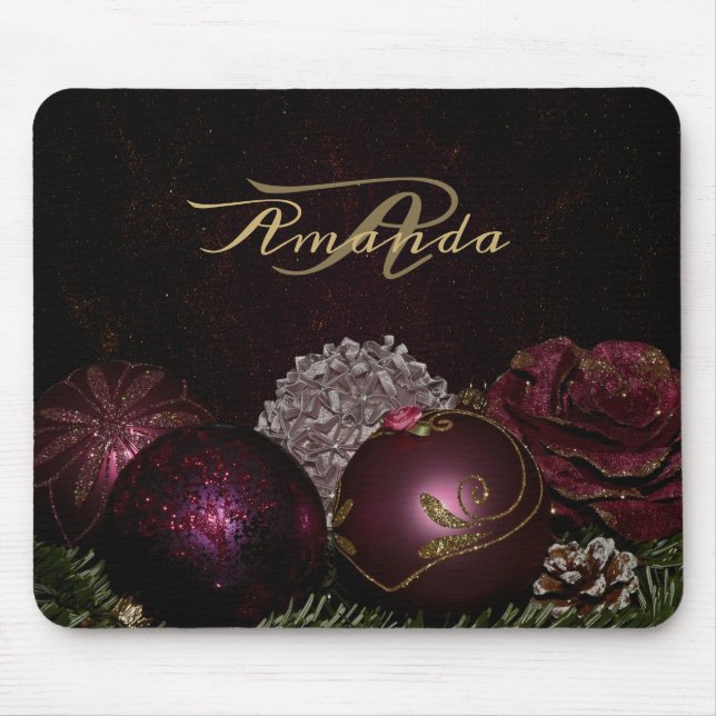 Christmas Monogram Pink Ornament Green Black Mouse Pad (Front)